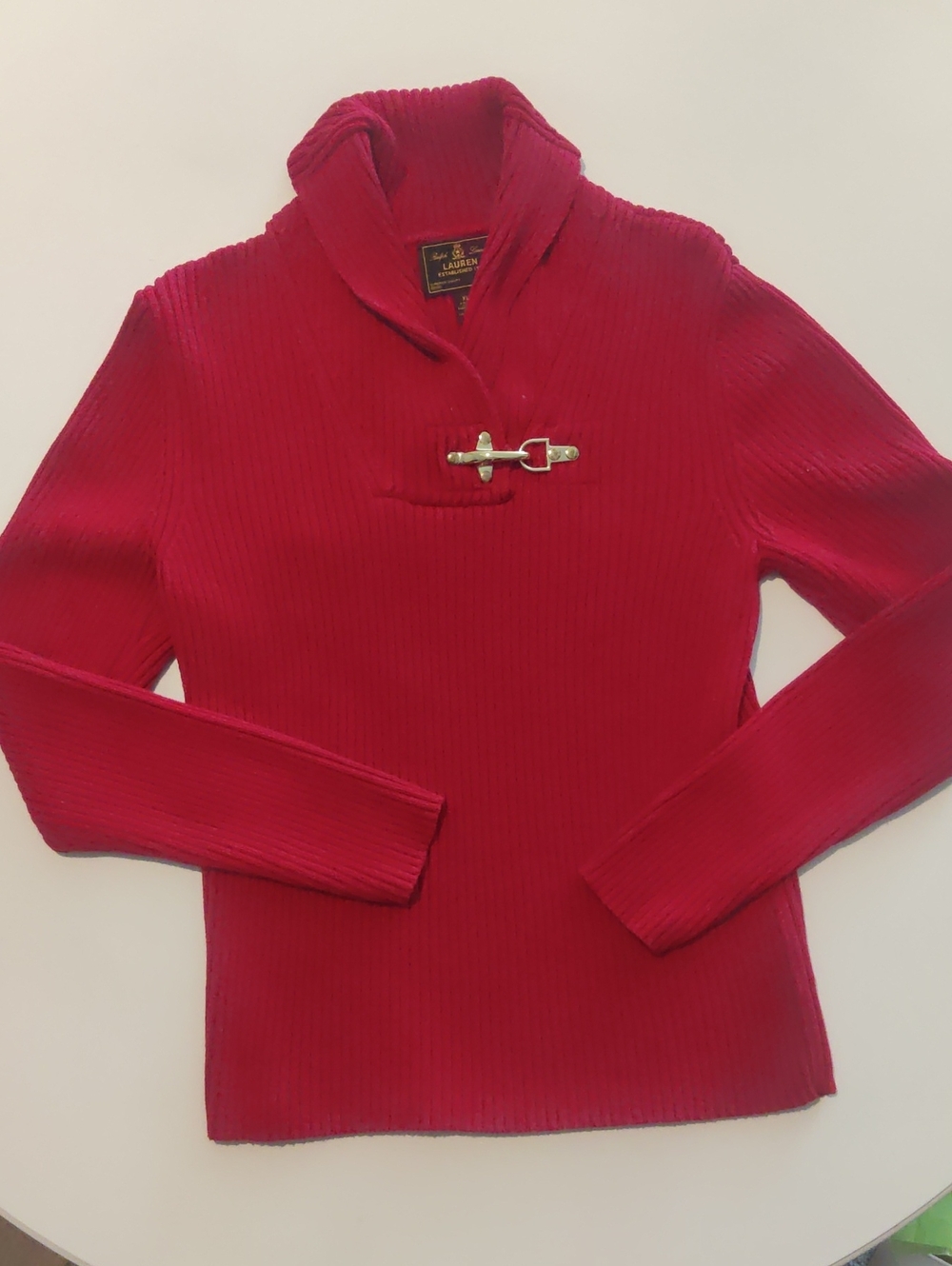 Ralph Lauren Womens XL Black Label Ribbed Cotton Top Sweater Shawl Collar Red